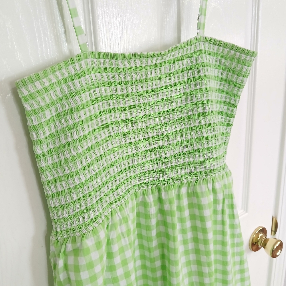 J Crew Lime Green Gingham Sundress with Smocked Bodice Tiered Skirt Midi Resort - Picture 4 of 9